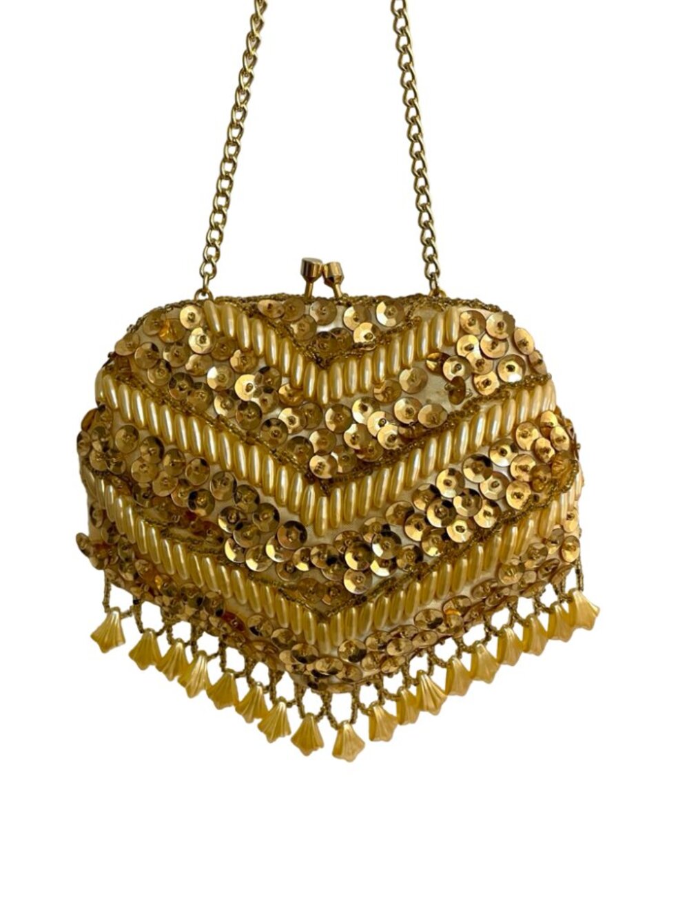 Vintage Gold Sequin Beaded Evening Bag Hong Kong Cocktail Purse Fringe Handbag